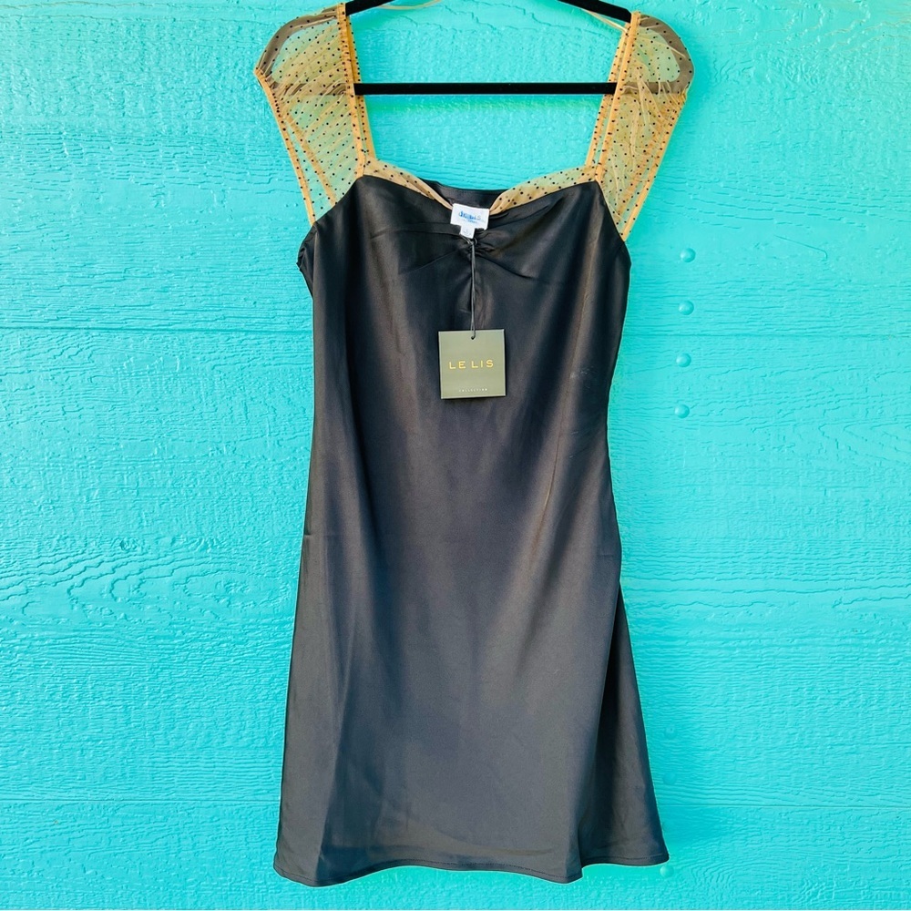 LE LIS BLACK SATIN Y2K MINI DRESS SWEETHEART NECKLINE SHEER POLKA DOT SLEEVES L